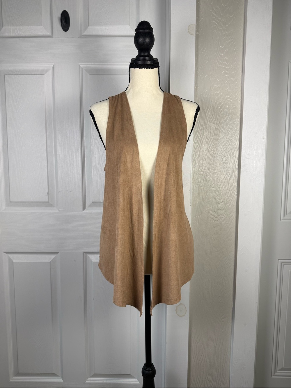 Belle Du Jour Tan Suede-Look Draped Open Vest